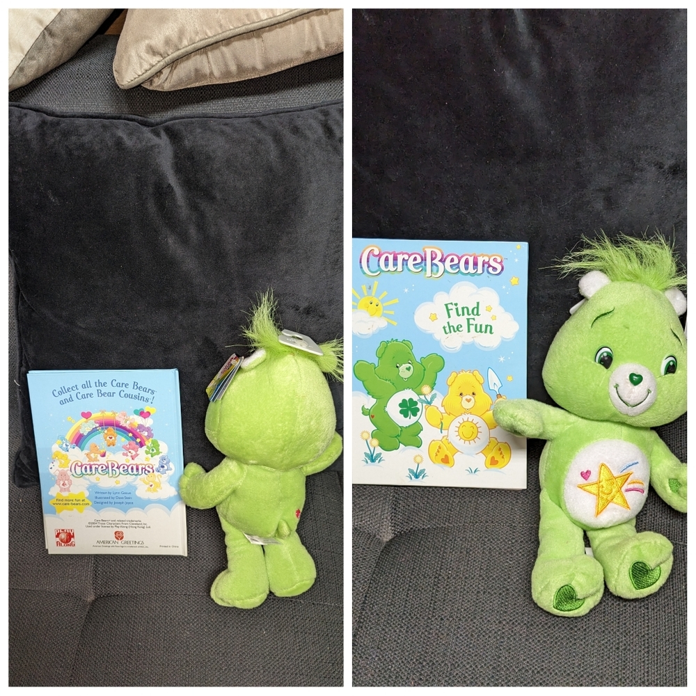 Care Bear plush with tags and care bear book